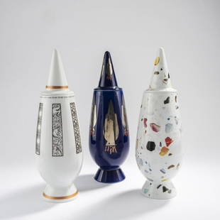 Nigel Coates, Shiro Kuramata, and Hannes Wettstein, Three covered vases from the '100% Make Up': Nigel Coates, Shiro Kuramata, and Hannes Wettstein, Three covered vases from the '100% Make Up' series, 1992, H. 39 cm. Made by Alessi Tendentse, Crusinallo. Porcelain, white, glazed, partly blue glaz