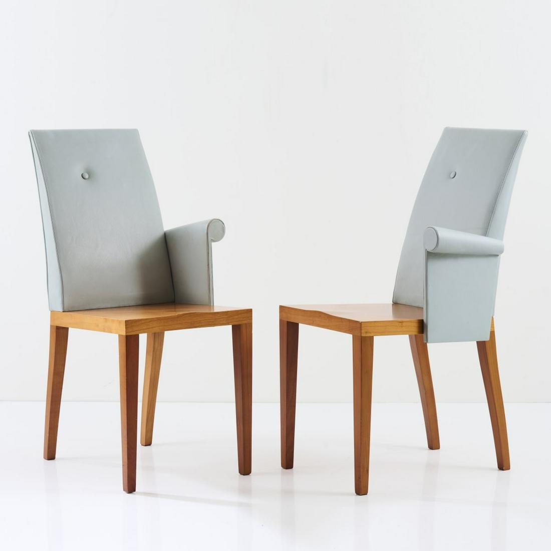 Philippe Starck, Two 'Asahy' chairs, 1991: Philippe Starck, Two 'Asahy' chairs, 1991, H. 92 x 44 x 51 cm. Made by Driade Aleph, Caorso. Fruitwood, lightblue leather., Philippi, STARCK, Cologne 2000, p. 180