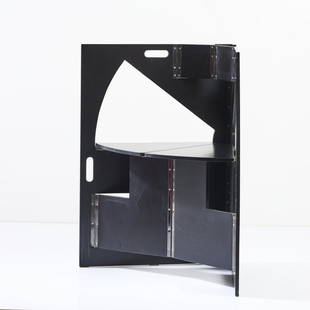 Werner Schmidt, Folding chair, 1985: Werner Schmidt, Folding chair, 1985, 80 x 55.5 cm (folded), H. 80 x 57 x 52 cm. Made by Atelier Werner Schmidt, Trun/Graubünden. Plywood, painted black, sheet metal.,