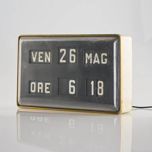 Gino Valle, 'CP 1' wall clock, 1965: Gino Valle, 'CP 1' wall clock, 1965, H. 28 x 46.5 x 11 cm. Made by R. & C. Solari, Udine. Sheet metal, painted white, sheet brass, plexiglass. Marked: manufacturer's sticker.,