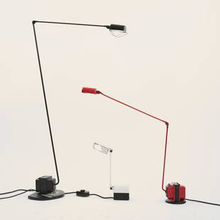 Tommaso Cimini, Three 'Daphine' lights, 1975: Tommaso Cimini, Three 'Daphine' lights, 1975, Floor lamp: H. 150 cm (max.), table light H. 88 cm (max.), table/wall light: H. 36 cm (max.) Made by Lumina, Milan. Tubular metal, sheet metal, painted bl