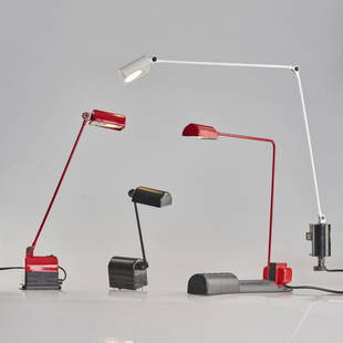 Tommaso Cimini, Four 'Daphine' lights, 1975: Tommaso Cimini, Four 'Daphine' lights, 1975, Two table lights, one clamp light and one wall light. Table lights: H. 40.5 x 37 x 6.5 cm and H. 53.5 cm (max.), wall light: L. 34.5 cm (max.), clamp