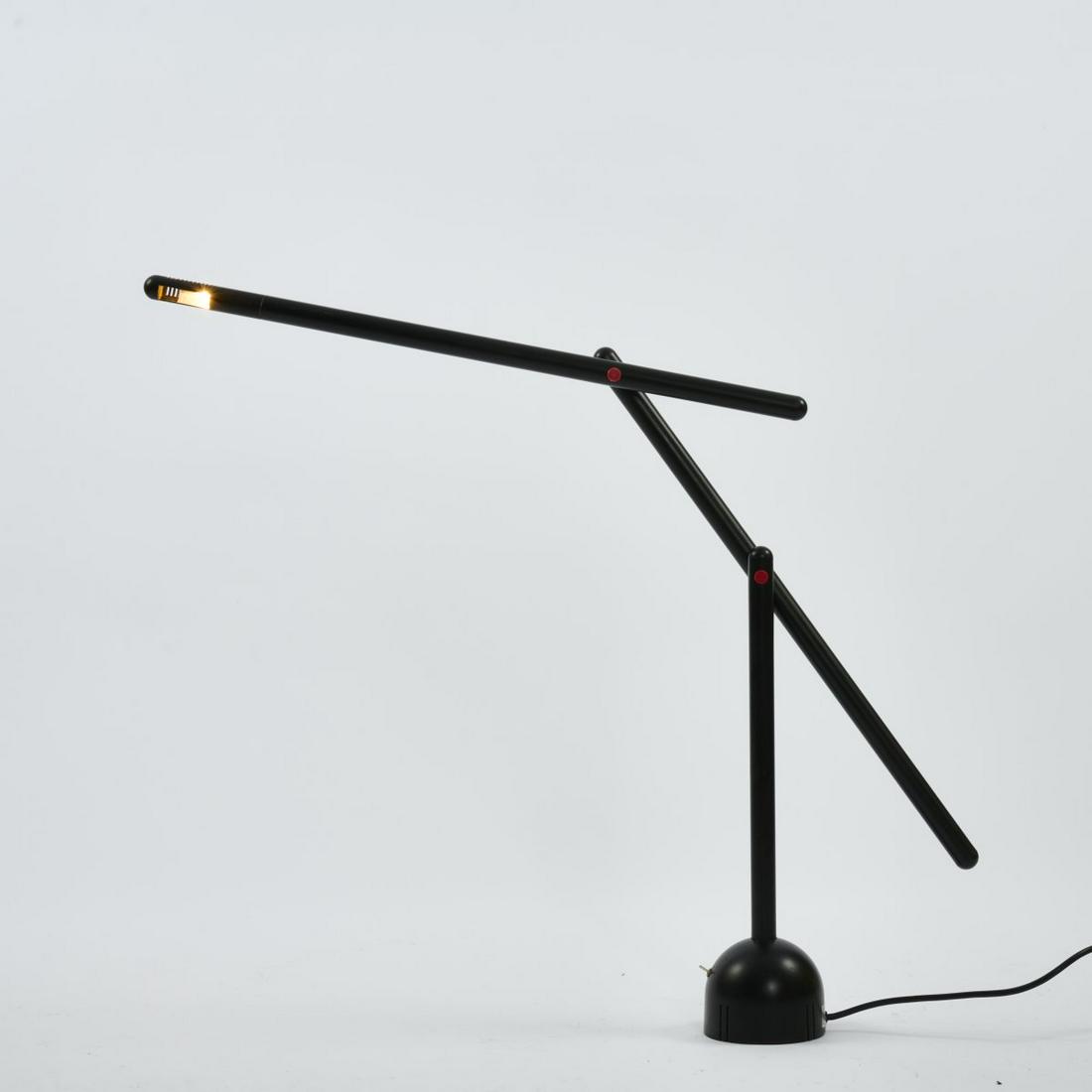 Mario Arnaboldi, 'Mira' table lights, 1983: Mario Arnaboldi, 'Mira' table lights, 1983, H. 119 cm (max.). Made by Programmaluce, Milan. Metal tube, enameled black, plastic, red, aluminum head. Marked: designer and manufacturer's label., Fiell,