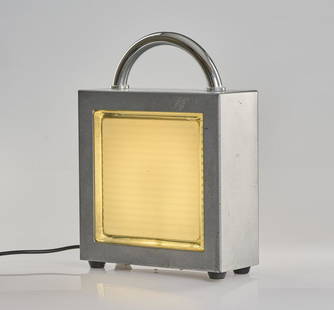 Matteo Thun, 'Valigetta' table light, 1988: Matteo Thun, 'Valigetta' table light, 1988, H. 36 x 26 x 10.5 cm. Made by Bieffeplast, Padua. Sheet metal, painted gray, tubular metal, chrome-plated, pressed glass, rubber.Marked: manufacturer's labe