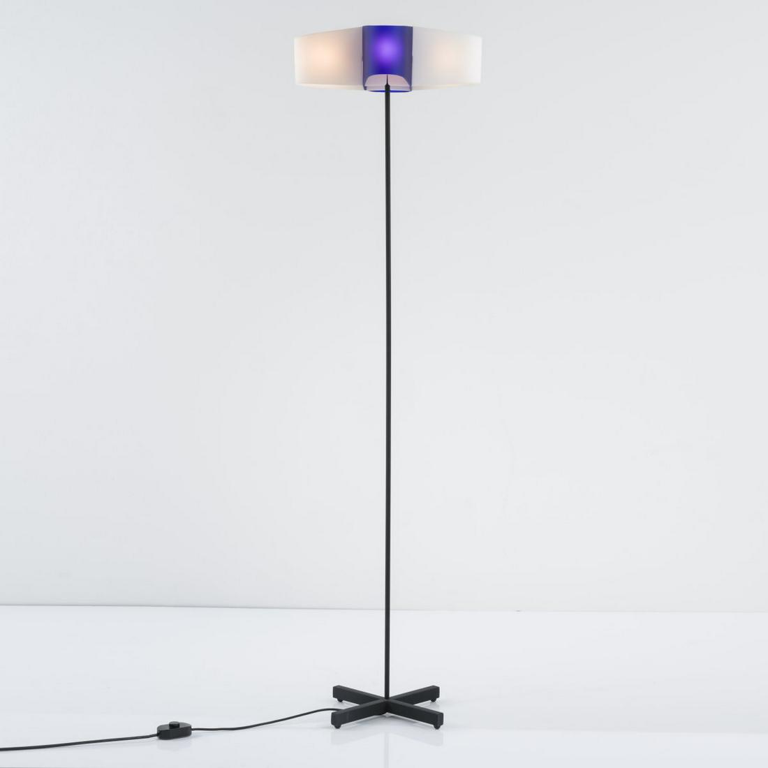 Francesco Rota, 'Assia' floor lamp, 1998: Francesco Rota, 'Assia' floor lamp, 1998, H. 165 cm, Ã˜ 45 cm. Made by Oluce, Milan. Tubular metal, painted black, plastic, white and blue. Marked: Manufacturer's label., Cf. Gramigna, Repertorio 19