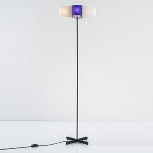 Francesco Rota, 'Assia' floor lamp, 1998: Francesco Rota, 'Assia' floor lamp, 1998, H. 165 cm, Ã˜ 45 cm. Made by Oluce, Milan. Tubular metal, painted black, plastic, white and blue. Marked: Manufacturer's label., Cf. Gramigna, Repertorio 19