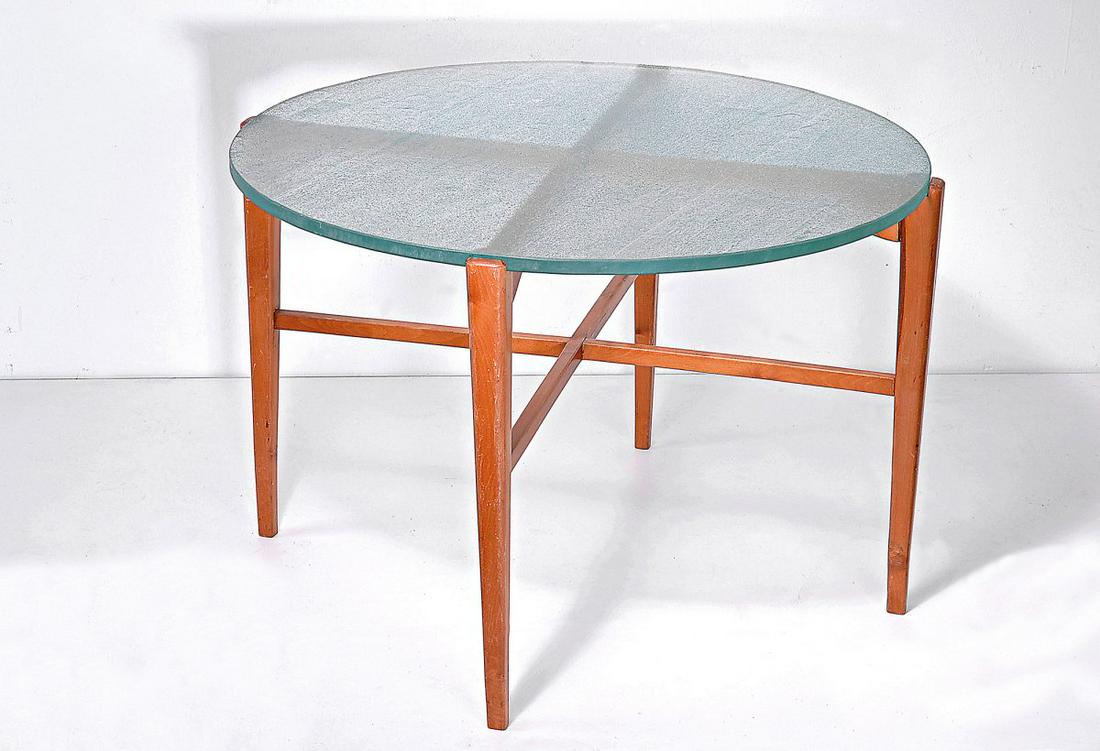 Elias Svedberg (ATTR.), Coffee table, c. 1937: Elias Svedberg (ATTR.), Coffee table, c. 1937, H. 54 cm, Ø 82.5 cm. Made by Svenska Mobelfabrikerna, Bodafors (ATTR.), in the 1930/40s. Birch wood, frosted glass. ,