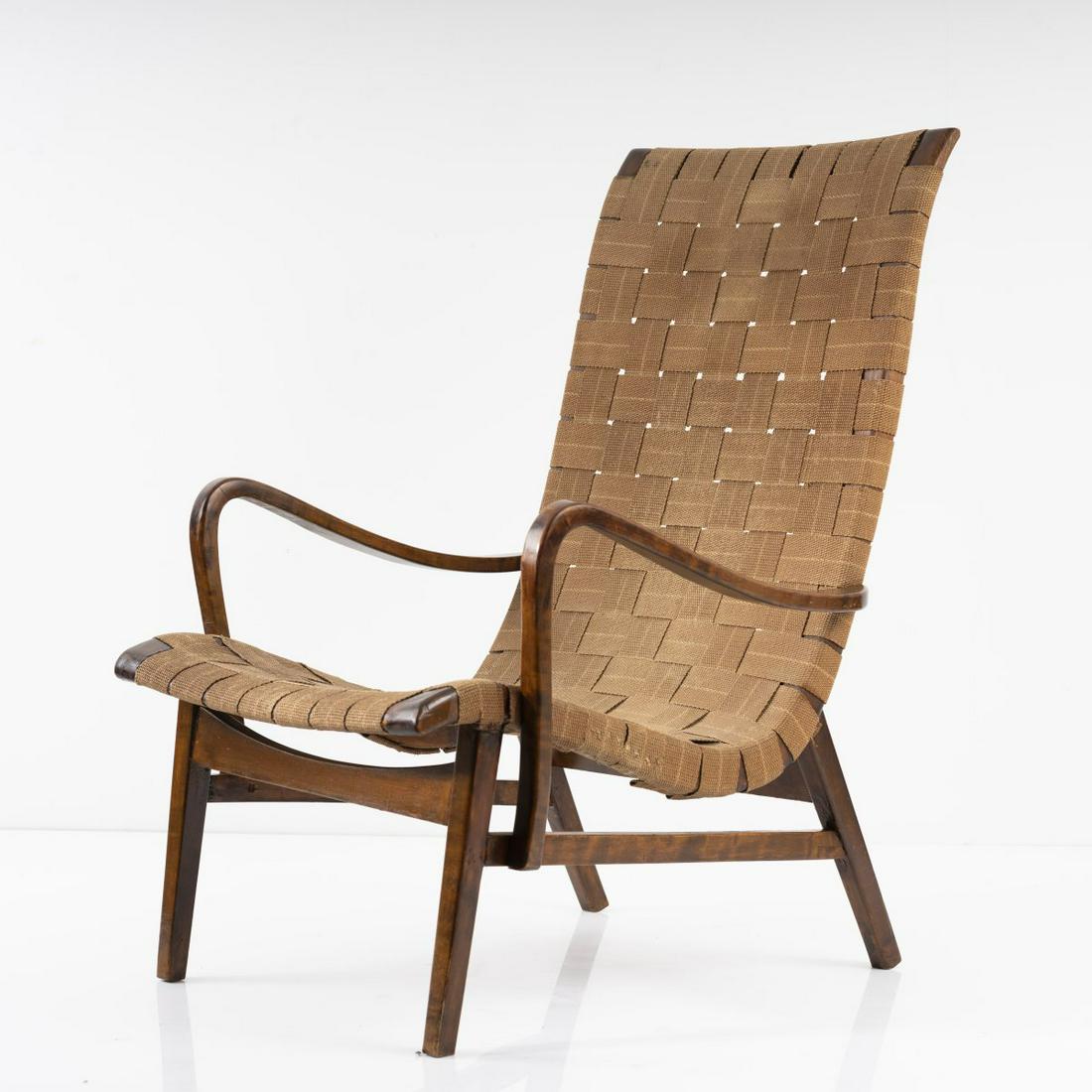 Elias Svedberg (ATTR.), Armchair, 1930s: Elias Svedberg (ATTR.), Armchair, 1930s, H. 101 x 66 x 87 cm. Made by Nordiska Kompaniet (NK), Stockholm (ATTR.).Birchwood, varnished dark, paper mesh., Cf. Boman (Ed.), Svenska Möbler 1890-1990,