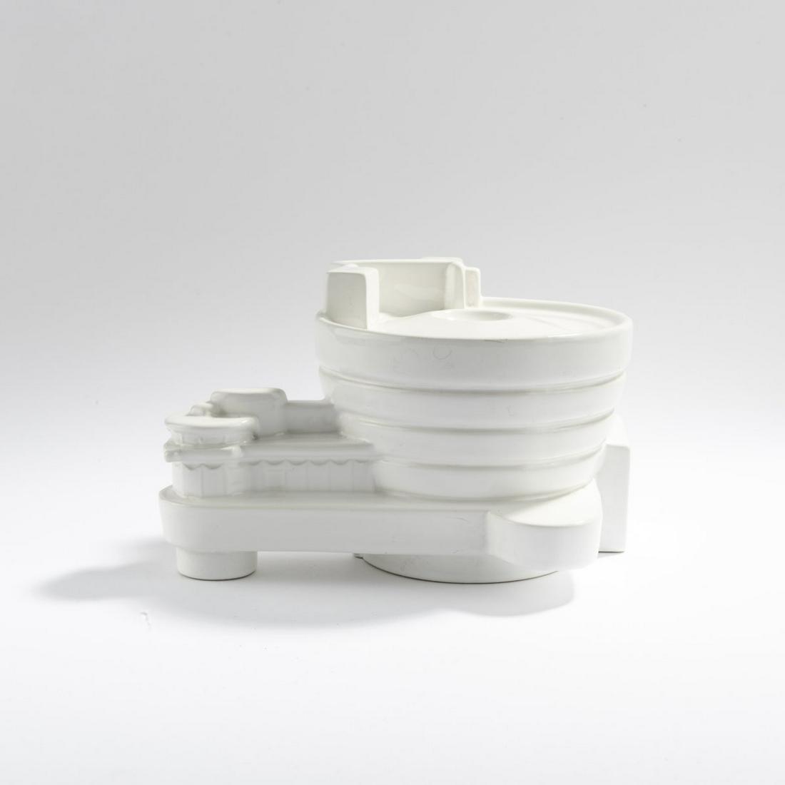 Giuseppe Raimondi, 'Guggenheim' egg cup from the 'I Monumenti' series, 1975: Giuseppe Raimondi, 'Guggenheim' egg cup from the 'I Monumenti' series, 1975, H. 13.5 x 22 x 16 cm. Made by Anthologie Quartett, Bad Essen, 1990s. Earthenware, glazed white.,