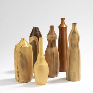 Werner Schmidt, Six vase objects, 1990-2000s: Werner Schmidt, Six vase objects, 1990-2000s, H. 18 - 21 cm. Different types of wood, turned. Marked: Artist's signet (handwritten).,