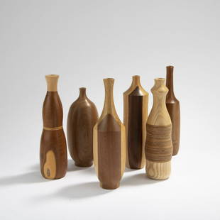 Werner Schmidt, Six vase objects, 1990-2010s: Werner Schmidt, Six vase objects, 1990-2010s, H. 19 - 25 cm. Different types of wood, turned. Marked: Artist's signet (incised and handwritten).,