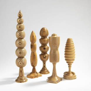 Werner Schmidt, Five wooden sculptures, 1990s: Werner Schmidt, Five wooden sculptures, 1990s, H. 24 - 39 cm. Different types of wood, turned. Marked: Artist's signet (handwritten).,