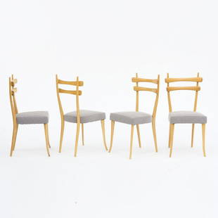 Vittorio Dassi (ATTR.), Four chairs, c. 1954: Vittorio Dassi (ATTR.), Four chairs, c. 1954, H. 97 x 47 x 49 cm. Made by Dassi, Lissone (ATTR.). Maple wood, textile cover, gray.,