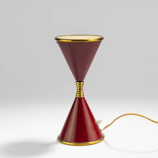 Angelo Lelli (ATTR.), 'Clessidra' table light, 1960: Angelo Lelli (ATTR.), 'Clessidra' table light, 1960, H. 25 cm. Made by Arredoluce, Monza (ATTR.). Sheet metal, painted red on the outside, white on the inside, sheet brass, clear glass, frosted on one