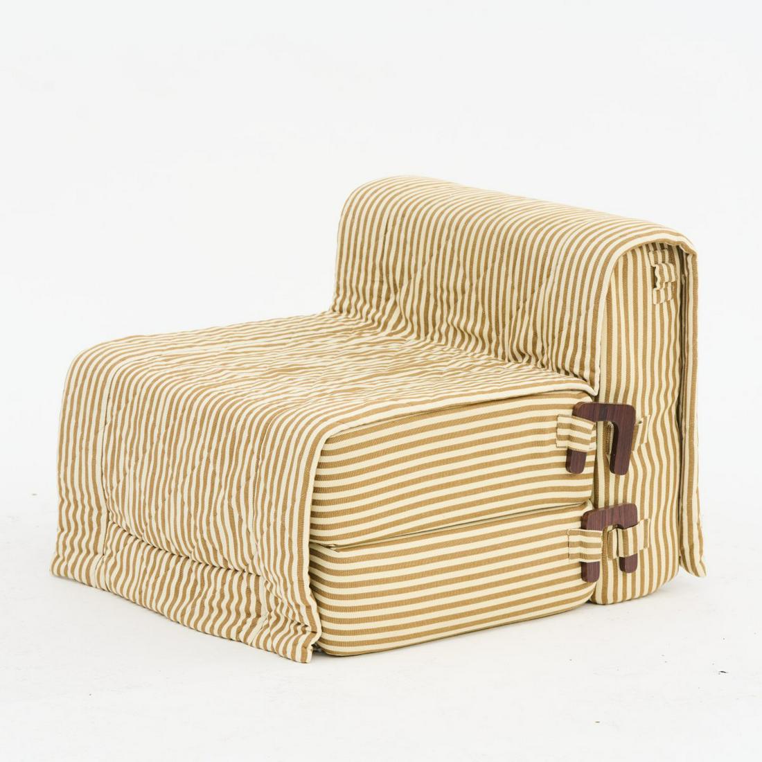 Italy, Armchair / guest bed, 1960s: Italy, Armchair / guest bed, 1960s, Bed: H. 23.5 x 77 x 182 cm; Armchair: H. 66 x 77 x 85 cm. Foam, white-brown striped textile cover; wooden clips.,