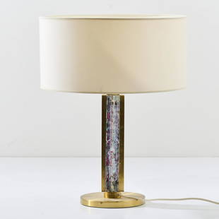 Angelo Brotto (ATTR.), Table light, 1960s: Angelo Brotto (ATTR.), Table light, 1960s, H. 61 cm, Ø 45 cm. Made by Esperia, Poggibonsi. Brass tube, brass sheet, glass, colored and clear, textile shade, white.,