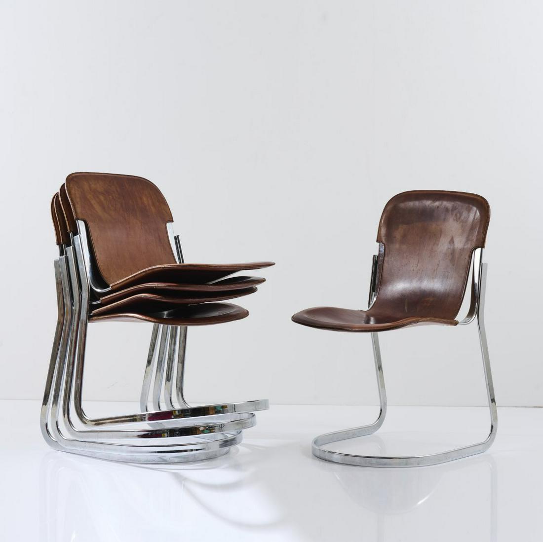 Willy Rizzo, Five stacking chairs, 1970: Willy Rizzo, Five stacking chairs, 1970, H. 84 x 47 x 56 cm. CMade by Cidue srl., Atripalda. Strip steel, chromed, dark brown leather.,
