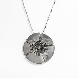 Arnaldo Pomodoro (1926 Morciano di Romania - lives in Milan), Necklace, 1968: Arnaldo Pomodoro (1926 Morciano di Romania - lives in Milan), Necklace, 1968, Silver. 100.48 grams. Pendant Ø 81 mm, L. total (closed) 428 mm. Execution: Marlborough Galleria d'Arte, Rome. Copy