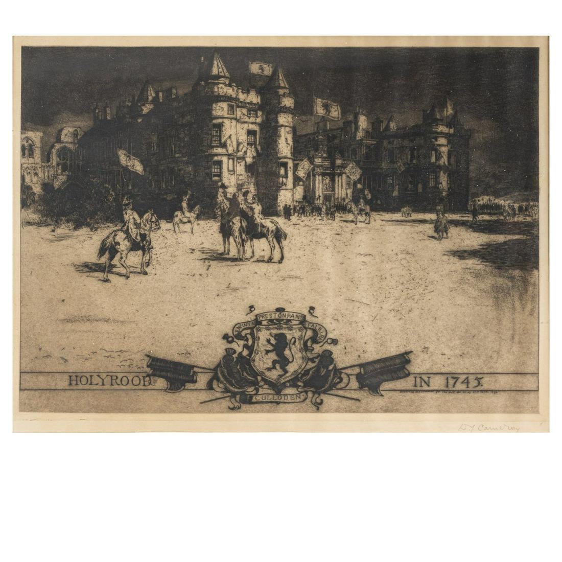 David Young Cameron (1865 Glasgow - 1945 London), 'Holyrood House in 1745', 1896: David Young Cameron (1865 Glasgow - 1945 London), 'Holyrood House in 1745', 1896, Retrospective view of Holyrood House near Edinburgh, decorated with English flags, at the time of the Scottish defeat