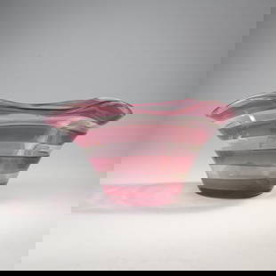 Dino Martens , 'Bacile' bowl, 1958: H. 12.5 cm. Execution: Aureliano Toso. Cased glass, slightly opalescent, fused ribbons of pink glass. Literature: Cf. Marc Heiremans, Dino Martens, Stuttgart 1999, p. 138 f.; Marina Barovier, Rosa Ba