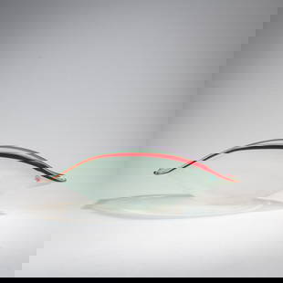 Dino Martens, Fish bowl, 1958: H. 7.5 cm. Execution: Aureliano Toso. Opalescent glass with fused thread made of red glass, attached eye made of green glass.
