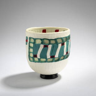 Tsuchida Yasuhiko, Vase, 1998: H. 12 cm. Glass ribbons in white with murrines and ribbons in various colors, engraved. Signed: Tsuchida Yasuhiko '98 (engraved).