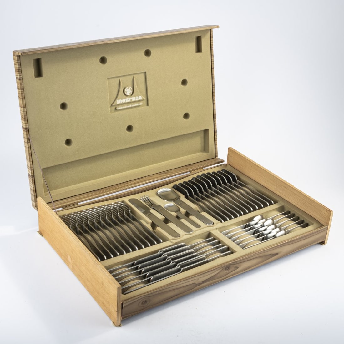 Inoxpram, Italy, 48-piece cutlery set, 1970s: 12 each: dinner fork, dinner knife, tablespoon, teaspoon. L. 15 - 20 cm. Stainless steel. Marked: manufacturer's stamp.