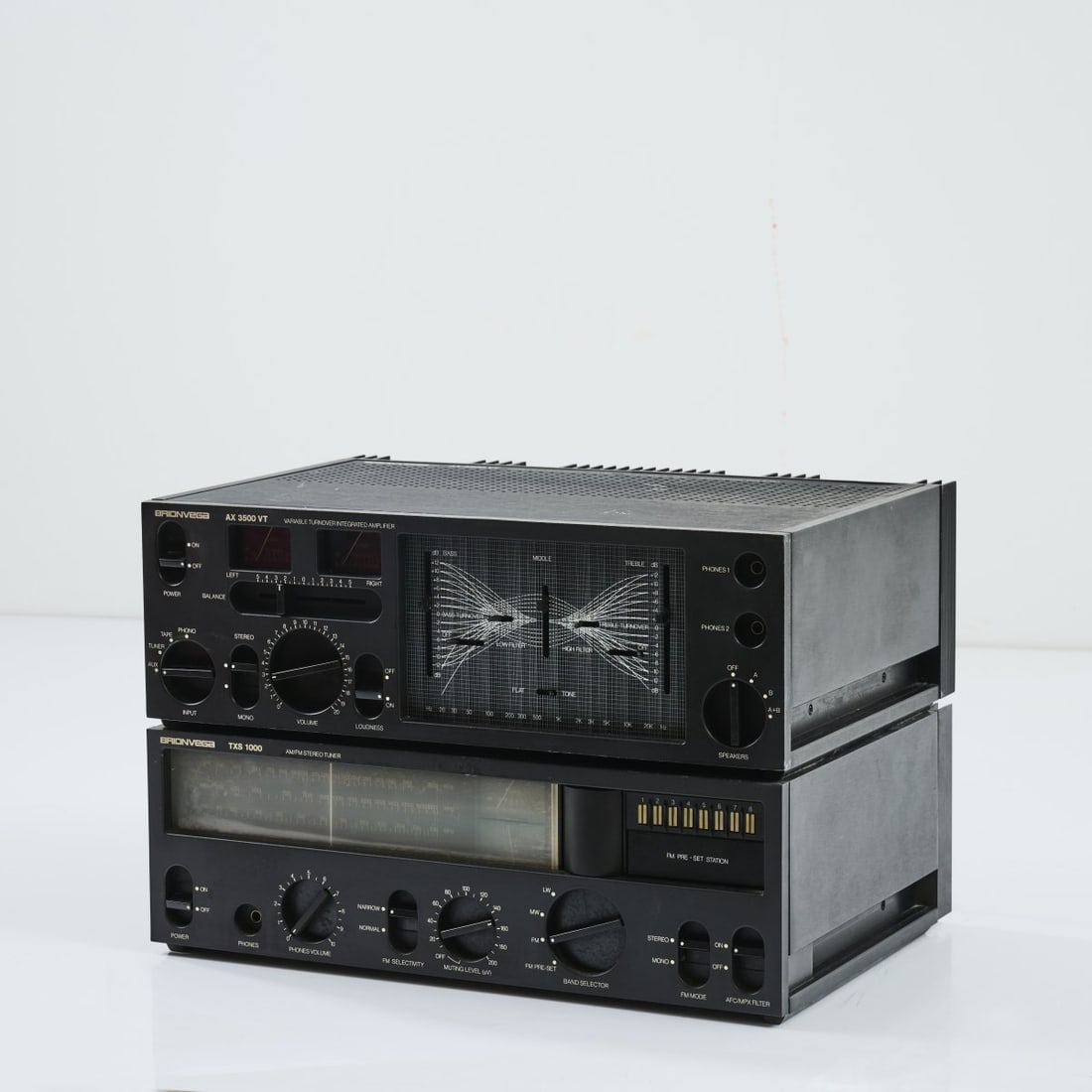 Mario Bellini, Amplifier 'AX 3500 VT', tuner 'TXS 1000', 1978: Amplifier: H. 15 x 44 x 29.5 cm. Tuner: H. 14.5 x 44 x 29.5 cm. Made by Brionvega, Milan. Black and clear plastic, sheet metal, painted black. Marked: Brionvega, AX 3500 VT, TXS 1000.