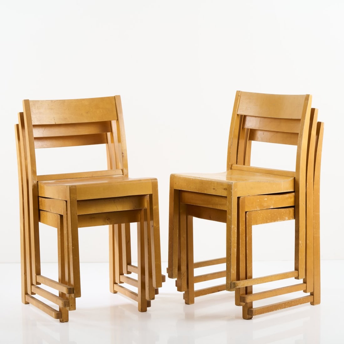 Sven Markelius, Six 'Orkesterstolen' stacking chairs, 1932: H. 81 x 46 x 47 cm. Made by Svenska Möbelfabrikerna, Bodafors. Beech wood and beech plywood. Literature: Gordan, Svenska Stolar, Stockholm 2002, p. 78; Boman et al., Svenska Möbler, Kristia