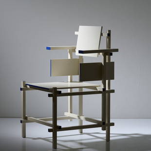 Gerrit Rietveld, 'Hogestoel' chair, c. 1918: H. 93 x 60 x 60 cm. Wooden slats and boards, painted white and dark blue. Literature: Cf. Küper / van Zijl, Gerrit Th. Rietveld The Complete Works, Utrecht 1992, p. 79.