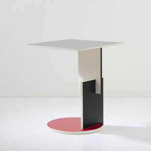 Gerrit Rietveld, 'Divan table' side table, 1923: H. 60 x 52 x 50 cm. Made by Cassina, Milan. Wood, plywood, painted black, white, red, blue and yellow. Marked: manufacturer's label, manufacturer embossing. Literature: Küper / van Zijl, Gerrit