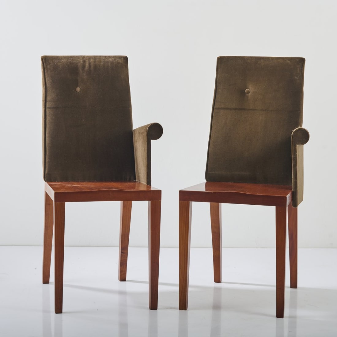 Philippe Starck, Two 'Asahi' chairs, 1991: H. 92 x 44 x 51.5 cm. Made by Driade Aleph, Caorso. Fruitwood, dark brown textile cover. Literature: Philippi, STARCK, Cologne 2000, p. 180
