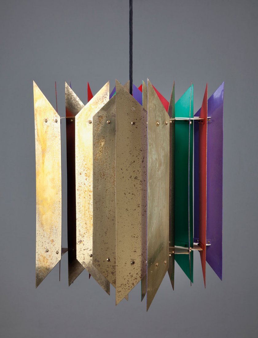 Simon Henningsen. 'Tivoli' pendant light: Simon Henningsen. 'Tivoli' pendant light, designed c1962. H. 38.5 cm; D. 36 cm. Made by Lyfa, Ballerup. Brass sheet, polychromatic paint inside.