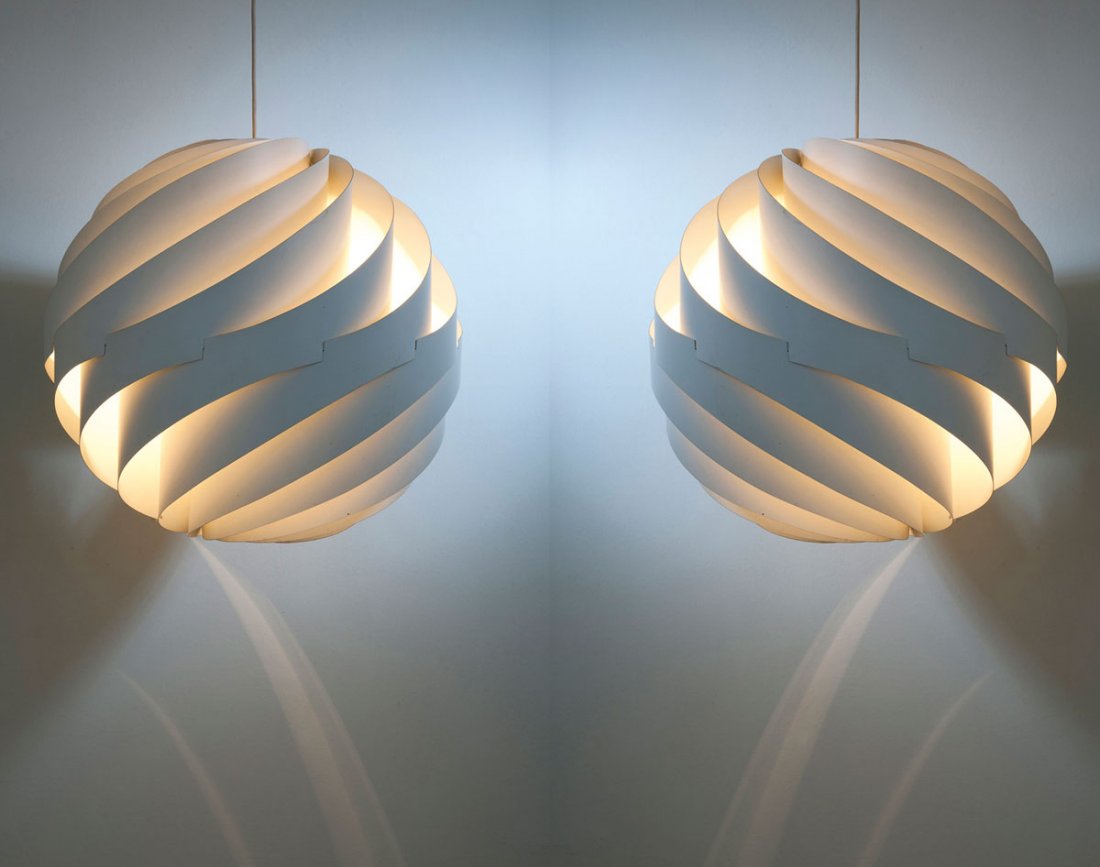 Louis Weisdorf. Two 'Turbo II' ceiling lights: Louis Weisdorf. Two 'Turbo II' ceiling lights, designed in 1965. D. 60 cm. Made by Lyfa, Ballerup. Aluminium lamellae, painted white, original ceramic sockets. Marked: LYFA, MADE IN DENMARK.