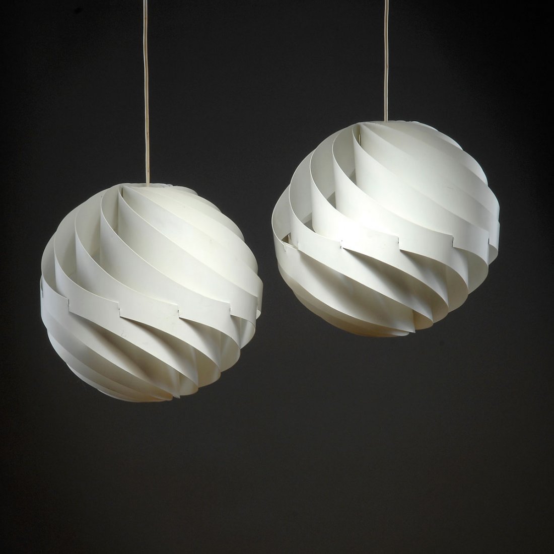 Louis Weisdorf. Two 'Turbo I' ceiling lights: Louis Weisdorf. Two 'Turbo I' ceiling lights, designed in 1965. D. 35 cm. Made by Lyfa, Ballerup. Aluminium lamellae, painted white, original ceramic sockets. Marked: LYFA.