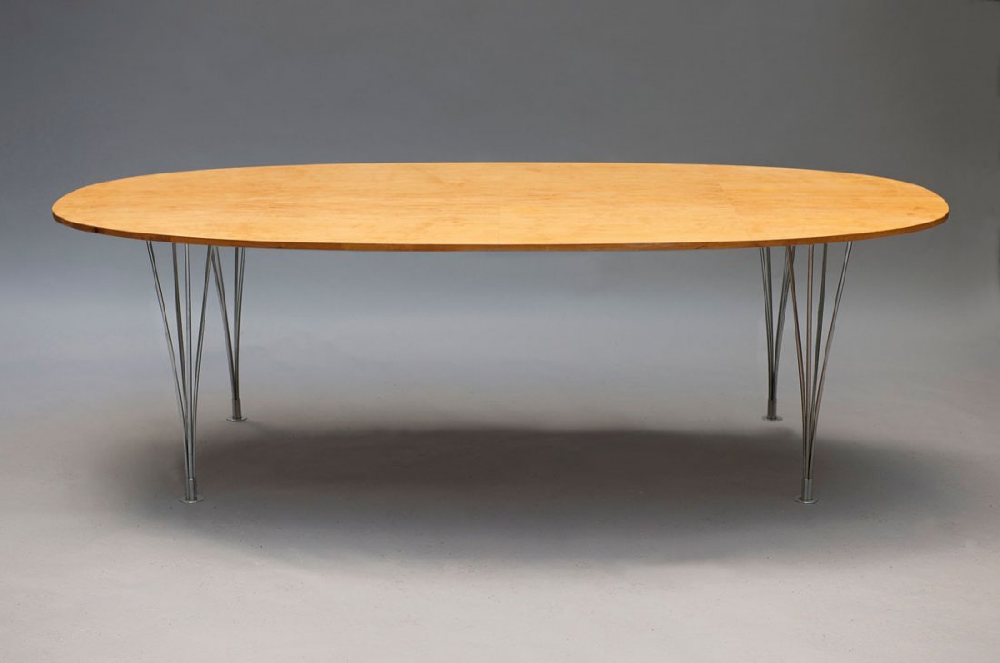 Bruno Mathsson; Piet Hein. 'Superellipse' table: Bruno Mathsson; Piet Hein. 'Superellipse' table, designed in 1968. H. 72 x 228 x 113 cm. Made by Bruno Mathsson AB, Vaernamo under licence of Fritz Hansen, Alleroed. Blockboard with birch veneer, chro