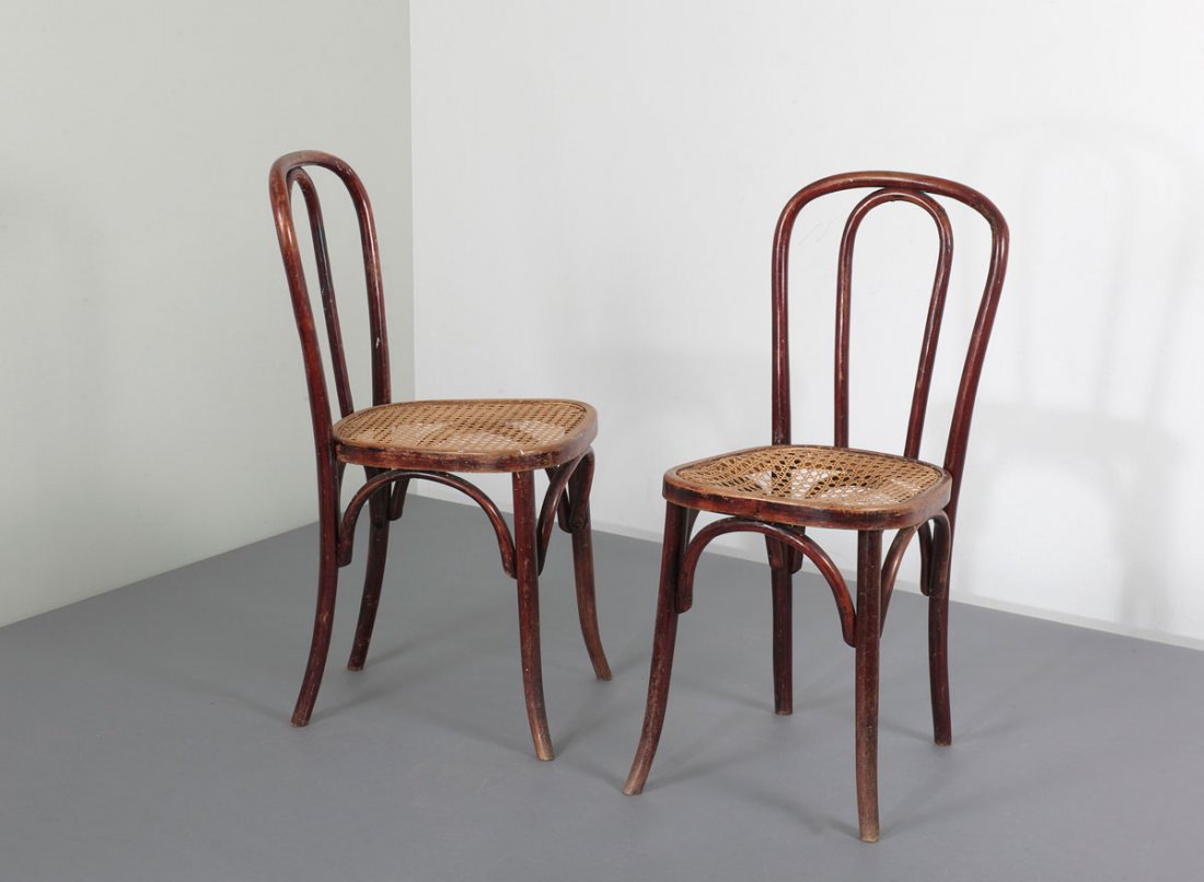 Thonet, Vienna (in the style of). Pair of chairs: Thonet, Vienna (in the style of). Pair of bentwood chairs, designed c1890. H. 86.5 x 37.5 x 46.5 cm. Made in Austria. Bentwood, 'Viennese meshwork.