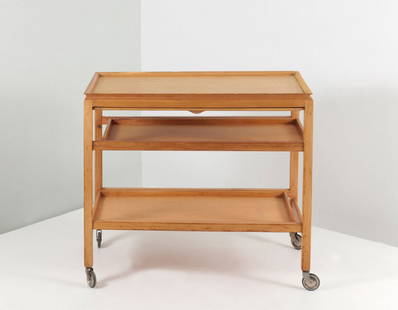 M. E. Haefeli. Serving trolley, variant of model '220': Max Ernst Haefeli. Serving trolley, variant of model '220', designed c1927. H. 67 x 75 x 42.5 cm. Made by Horgen-Glarus, Glarus. Beechwood, plywood, nickel-plated wheels, rubber.