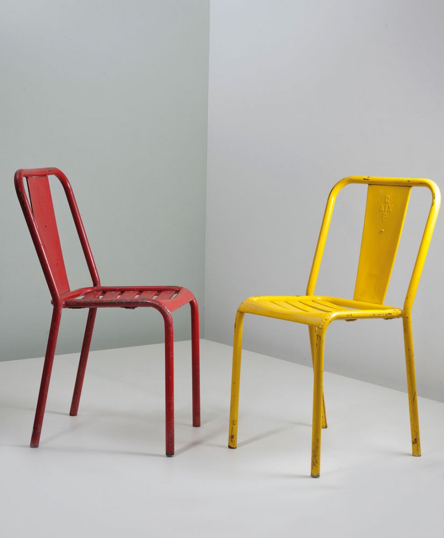 Pair of tubular steel chairs: Robert Mallet-Stevens (in the style of). Pair of tubular steel chairs, designed c1930. H. 80.5 x 41.5 x 50.5 cm. Made in Aix-le-Bains. Tubular steel and sheet steel, painted red and yellow. Marked: C