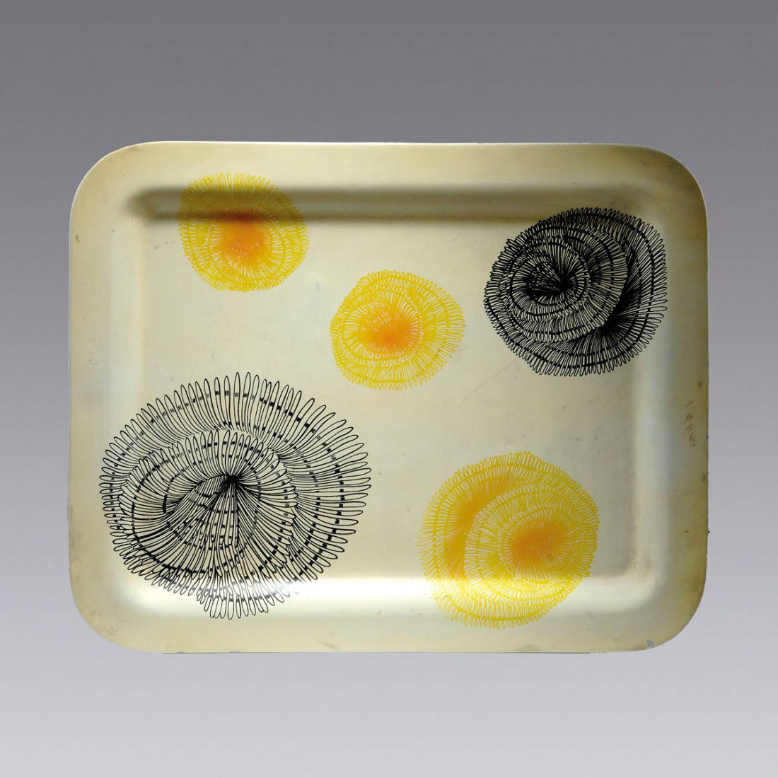 Piero Fornasetti. Tray: Piero Fornasetti. Tray, designed in the 1950s. 59 x 47 cm. Made by Fornasetti, Milan in the 1950s. Sheet metal, polychromatic print. Marked: Maker's mark.