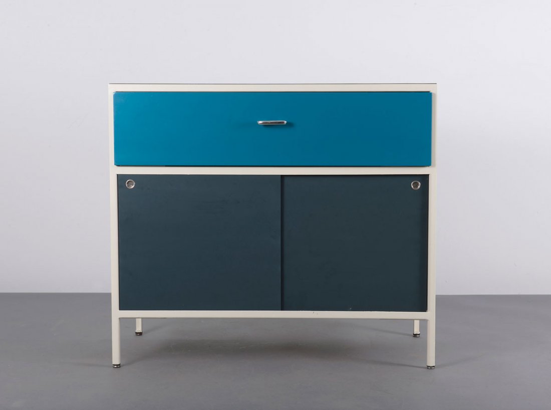 George Nelson. 'Steelframe series No. 4000' cabinet: George Nelson. 'Steelframe series No. 4000' cabinet, designed in the 1950s. H. 75 x 85 x 45 cm. Made by Herman Miller, Zeeland. Wood, black laminate, resp. lacquered blue, dark-blue and olive, metal, 