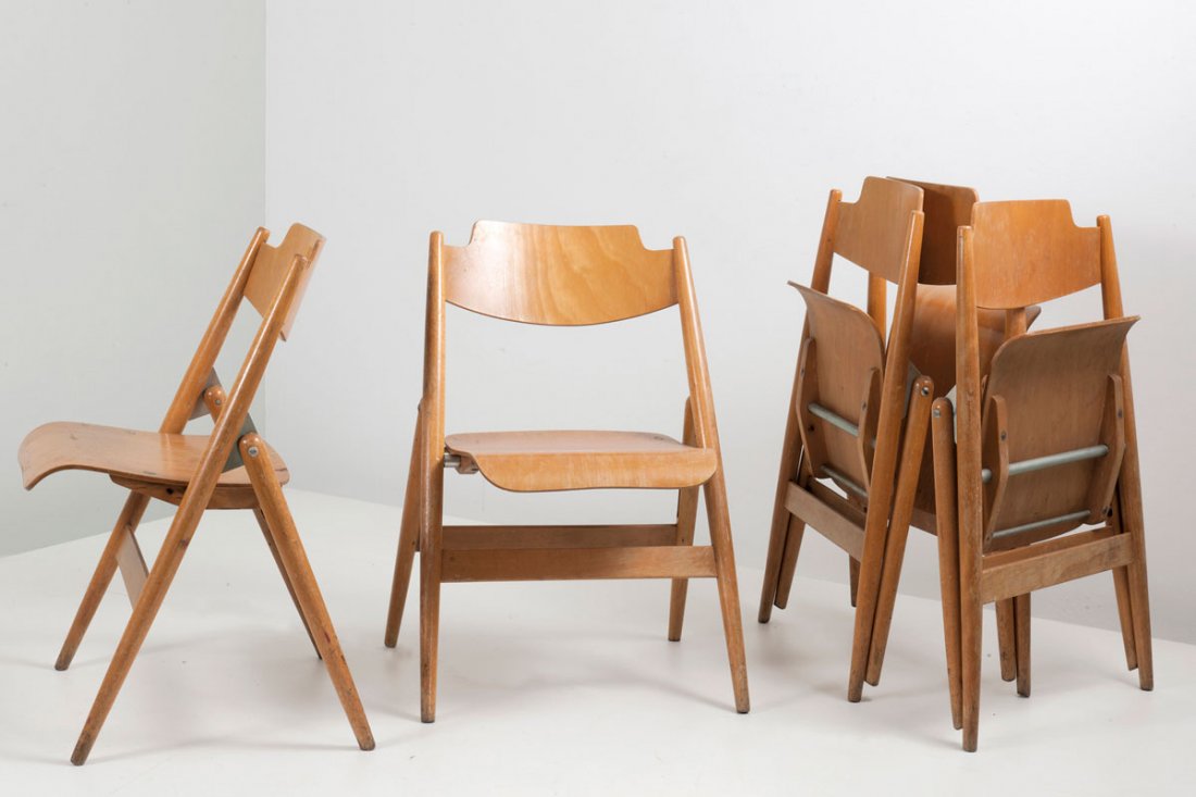 Egon Eiermann. Five 'SE 76' child's folding chairs: Egon Eiermann. Five 'SE 76' child's folding chairs, designed in 1953. H. 63.5 x 41 x 39 cm. Made by Wilde & Spieth, Esslingen. Beechwood and beech plywood, zinc-plated metal.