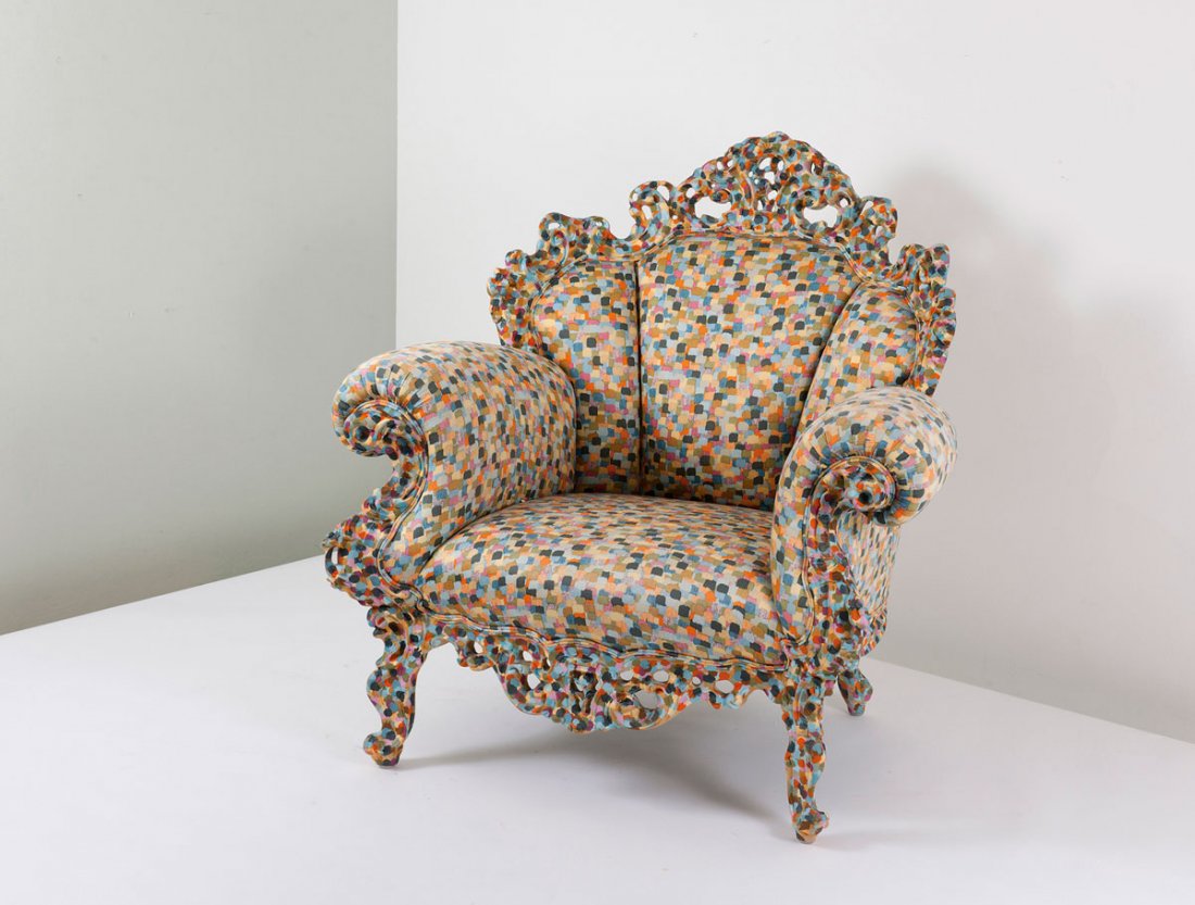Alessandro Mendini. 'Proust' armchair: Alessandro Mendini. 'Proust' armchair, designed in 1978/1993. H. 104 x 104 x 89 cm. Made by Cappellini, Milan, c2000. Wooden frame, carved, hand-painted. Multicoloured fabric (mechanical).