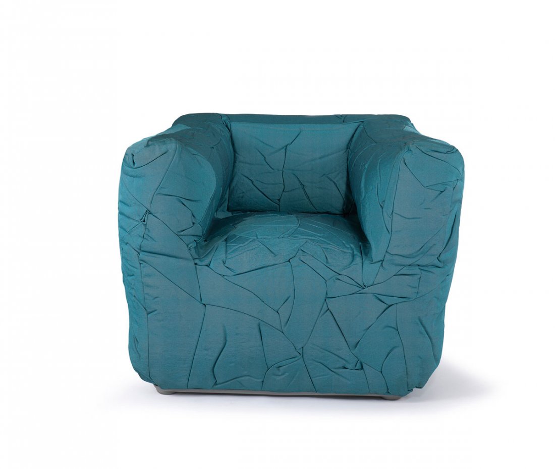 Peter Traag. 'Sponge' chair: Peter Traag. 'Sponge' chair, designed in 2004. H. 75 x 103 x 86 cm. Made by Edra, Milan. Foam upholstery, turquoise fabric, grey plastic. Marked: Maker's label and embossing: Edra Sponge. Peter Traag.