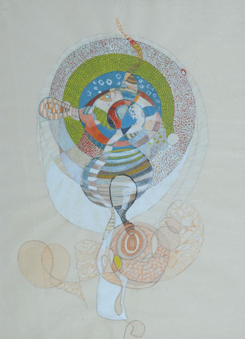 Gruene Blume', 1969: Leo Grewening. 'Gruene Blume', 1969. 67.2 x 51.5 cm. Gouache on Japan paper. Inscribed, signed and dated: Gruene Blume, Leo Grewenig 19.6.69. Mounted, glass frame.