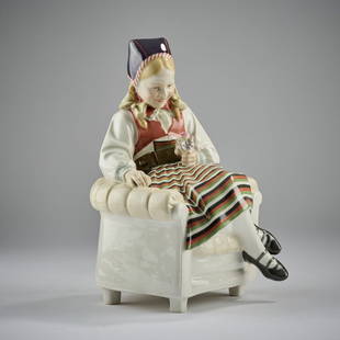 Karl Himmelstoss, 'Child in an armchair', 1908: In Swedish costume. H. 24 cm. Executed by KPM Berlin, 1908. Porcelain, white, glazed, polychrome overglaze. Armchair signed: HIMMELSTOSS 08 (embossed). Marked: scepter (blue, underglaze), orb (red, ov