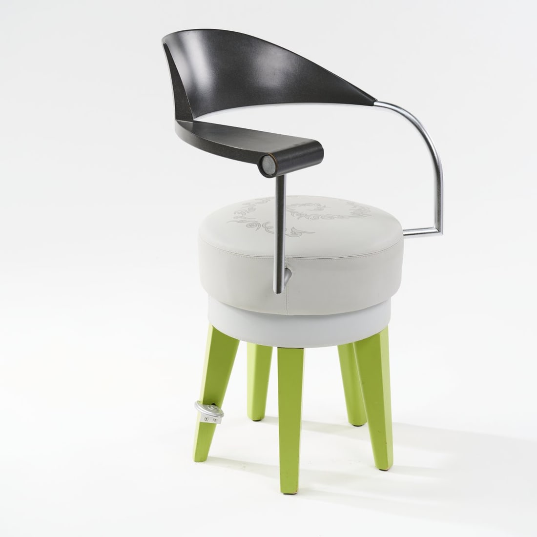 Philippe Starck, 'Tecno' hairdresser's chair, c. 1989: H. 95 x 66 x 57 cm. Made by Maletti, Milan. Pearwood, painted green, polyurethane, black, gray-white synthetic leather cover. Literature: Bellini, Das Internationale Design Jahrbuch 1990/91, Munich 1