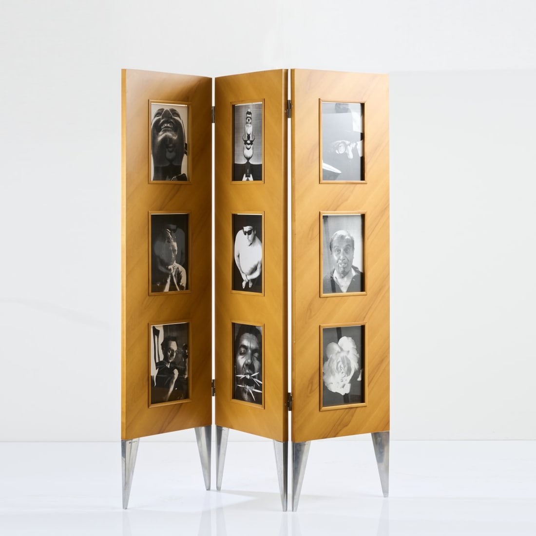 Philippe Starck, 'Le Paravent de l'autre' screen, 1991: H. 193 x 155 x 3 cm (unfolded). Made by Driade Aleph, Milan. Cast aluminum, fruit tree wood, clear glass, black and white lithographs. Marked: ALEPH by Starck (embossed).