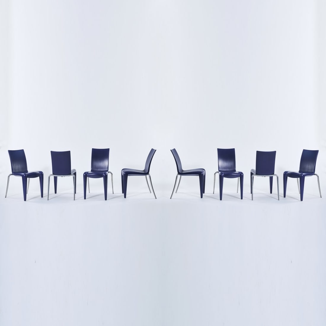 Philippe Starck, Eight armchairs 'Louis XX', 1991: H. 82.5 x 47 x 62 cm. Made by Vitra, Birsfelden. Plastic, purple-blue, aluminium. Marked: manufacturer and designer's embossing, manufacturer's sticker. Literature: Philippi (ed.), STARCK, Cologne 20