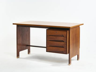Vittorio Dassi, Desk, 1959: H. 75 x 130 x 70 cm. Made by Dassi, Lissone. Wooden box construction, teak and teak veneer, rustic veneer, brass sheet. Literature: de Guttry / Maino, Il mobile italiano degli anni '40 e '50, Rome-Ba